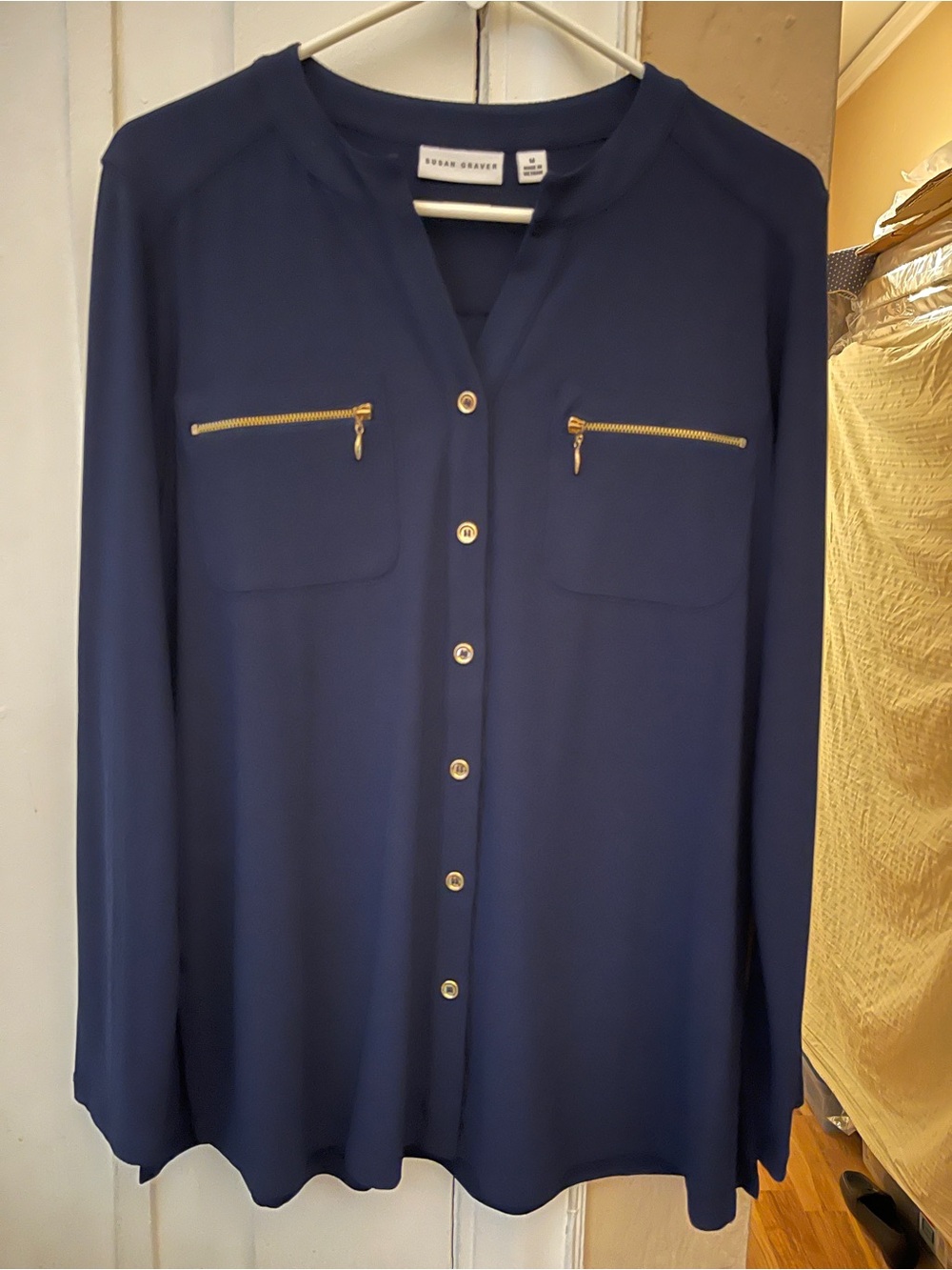 Susan graver Navy Long-Sleeve Button-Front Blouse with Gold Zippers NWOT